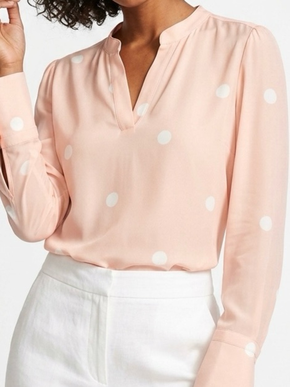 LOFT Peach & White Polka Dot Blouse V-Neck Long Sleeve Career Casual S